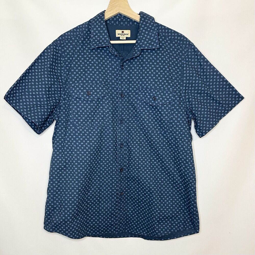 Woolrich Blue Geometric Short Sleeve Button Up Pockets Shirt Men's SIZE LARGE